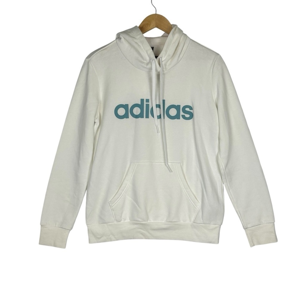 VTG Adidas Women's Hoodie Medium White With Blue Logo Pullover Sweatshirt Sporty